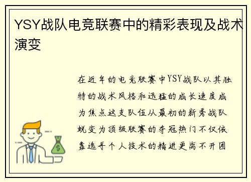 YSY战队电竞联赛中的精彩表现及战术演变