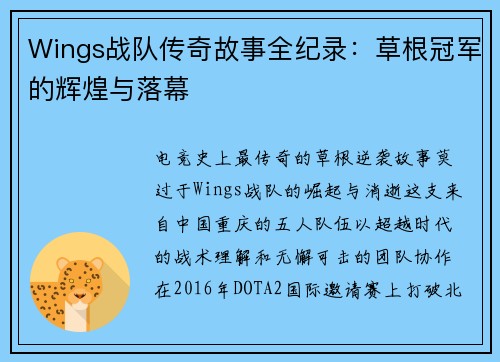 Wings战队传奇故事全纪录：草根冠军的辉煌与落幕